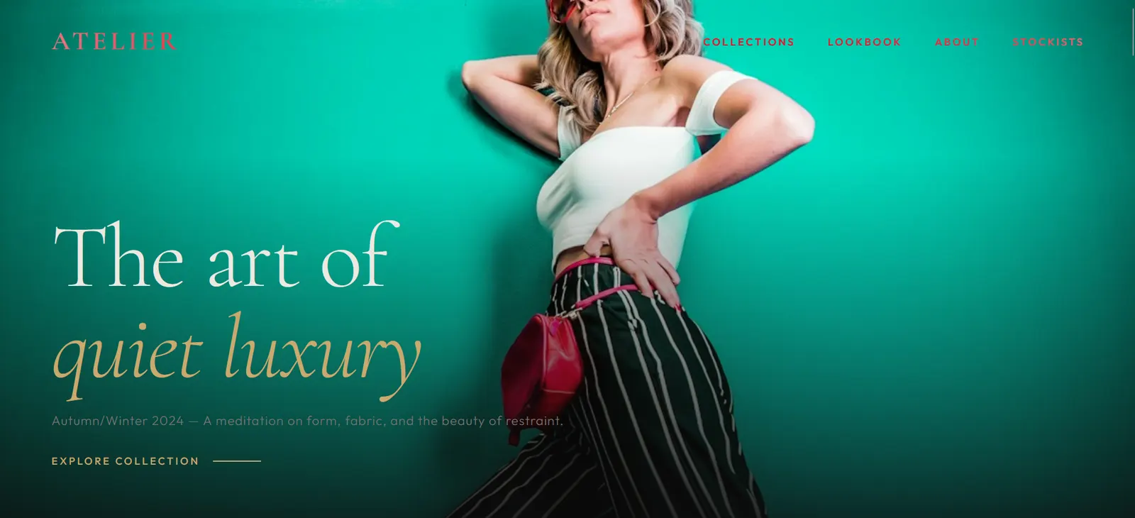 Atelier, a fashion label concept with a model against a teal wall and gold italic type