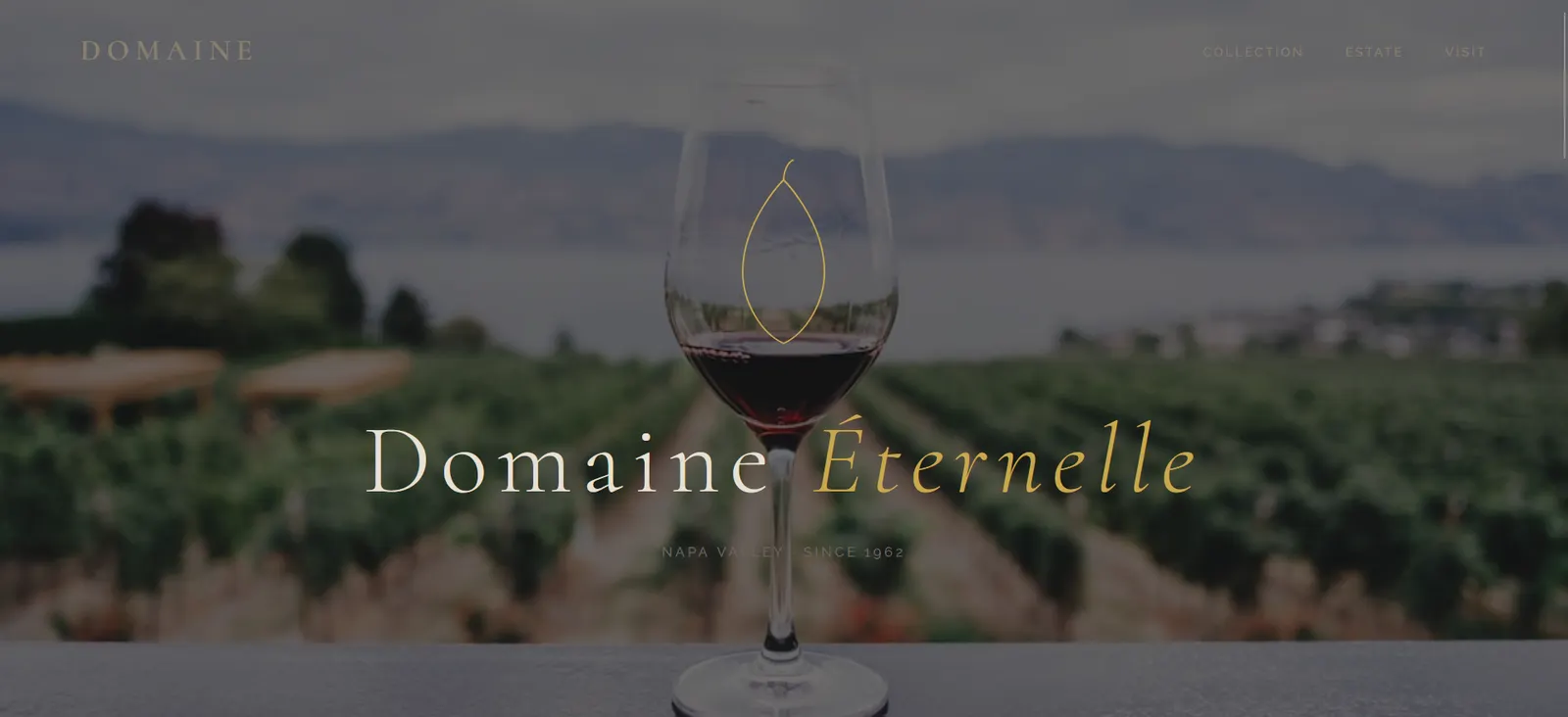 Domaine, a winery website concept: a wine glass over a vineyard with an elegant serif title