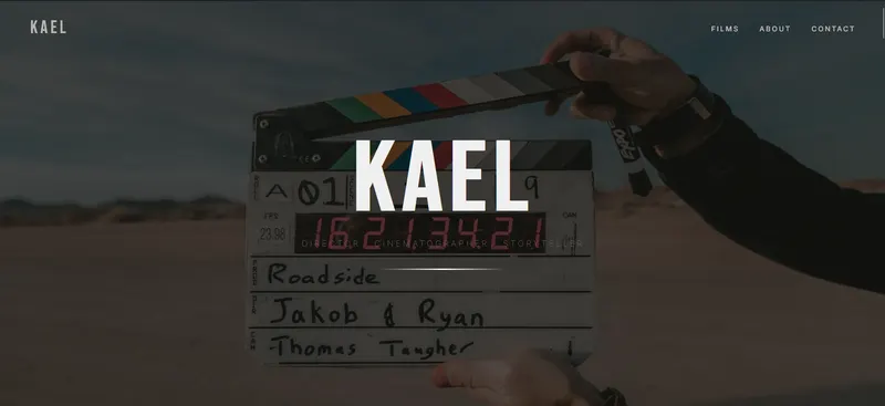 Kael, a film director concept with a clapperboard and condensed type
