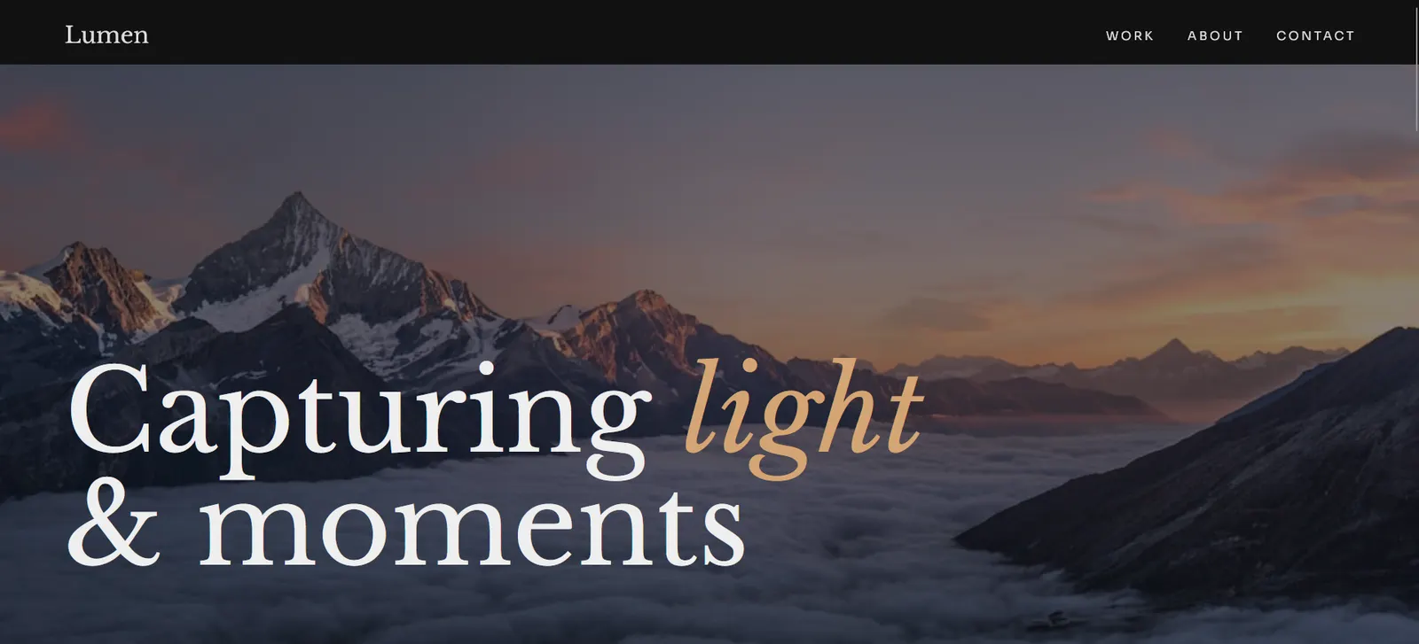 Lumen, a photographer concept with mountains at sunset