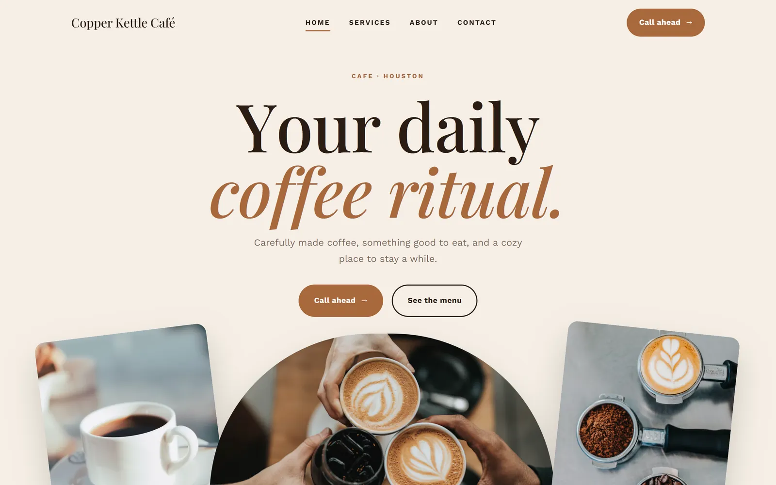 A demo website the app built for a café lead, with a serif headline and coffee photos