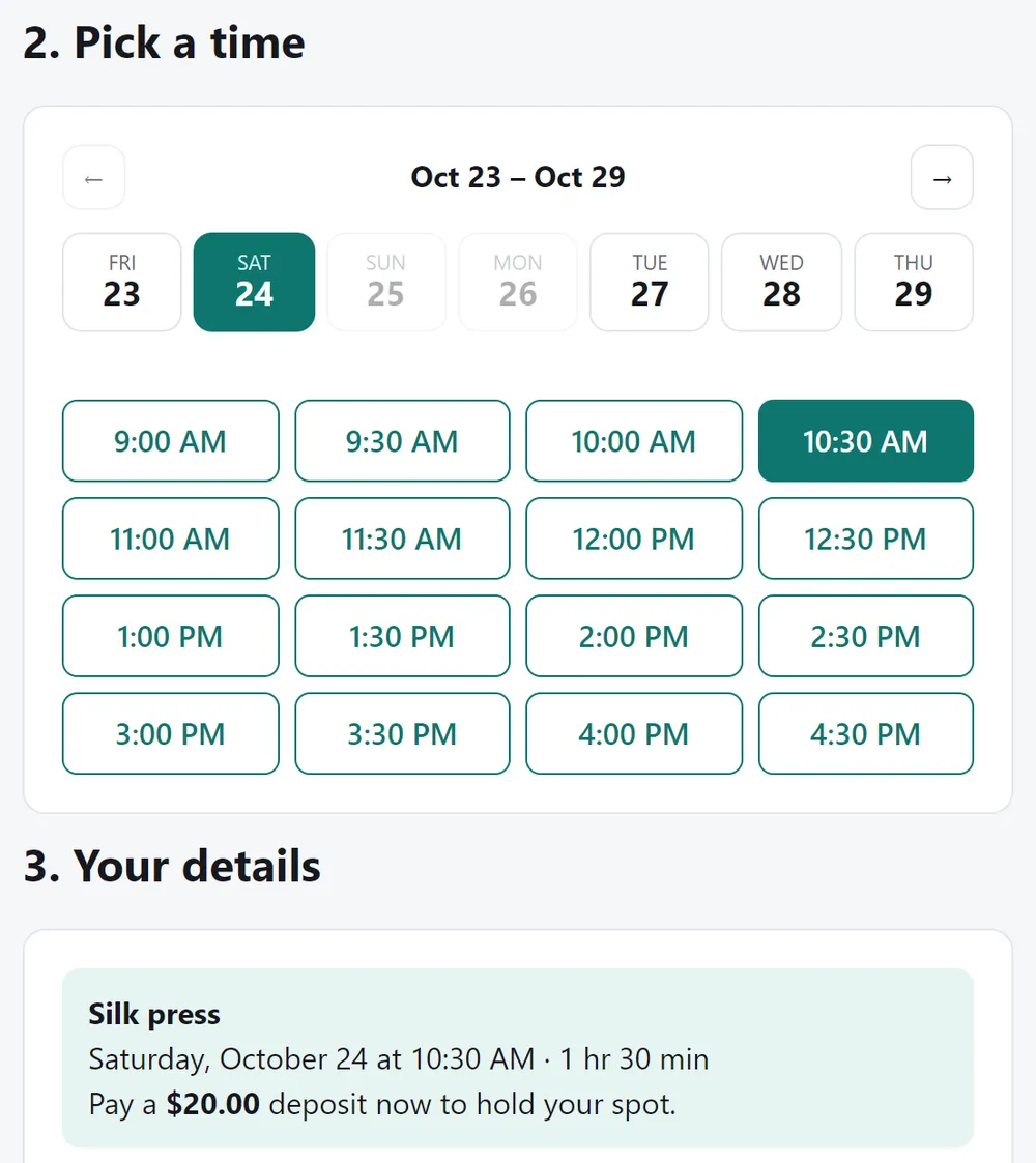 Keepslot booking page: a week of days, open time slots, and the deposit to hold the spot