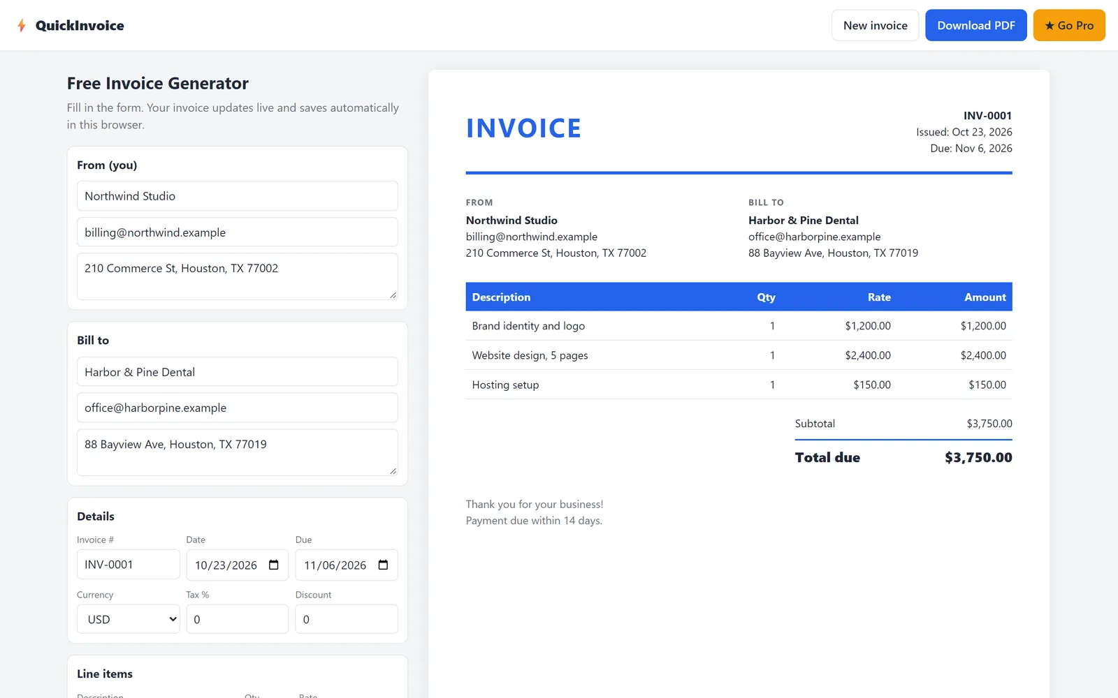 Quick Invoice: the invoice form beside its live preview with three line items and the total