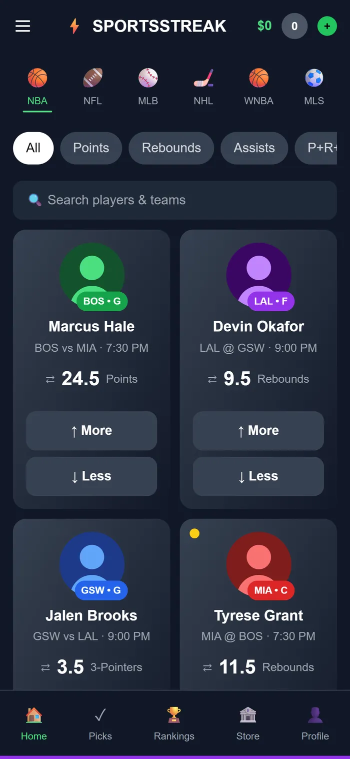 SportsStreak on a phone: today's player lines with More and Less picks